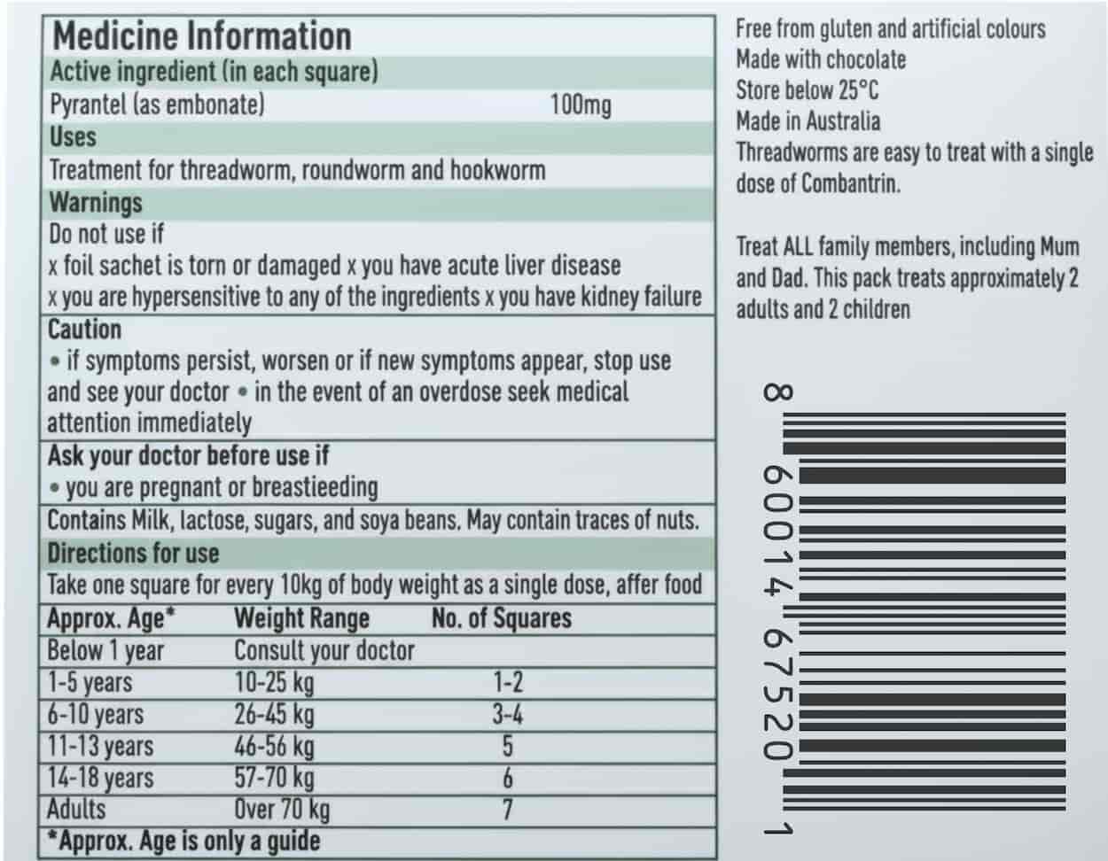 combantrin chocolate squares 24 pack US label