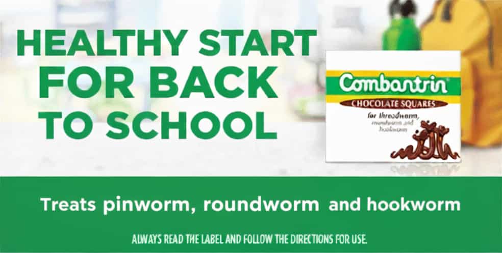 Promotional banner for Combaintrin chocolate squares with text about a 'Healthy Start for Back to School' and worm treatment.